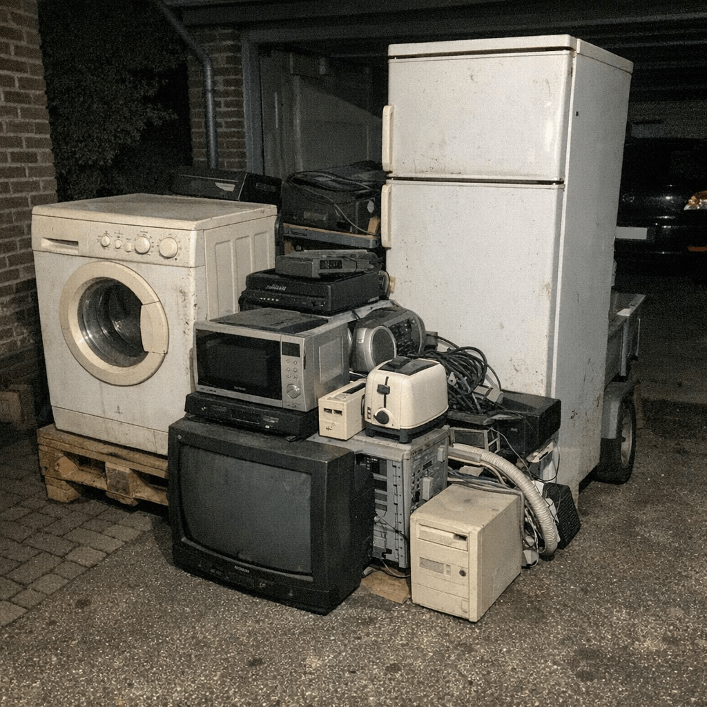 Ausgediente Waschmaschine und kleiner Kühlschrank stehen bereit zum sicheren Abtransport