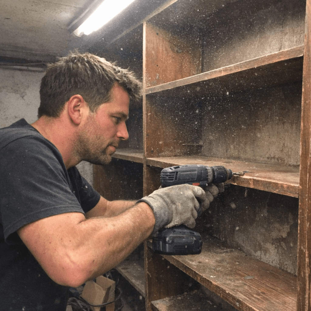 Fachkraft löst ein altes Holzregal mit Akkuschrauber und Brecheisen von der Wand