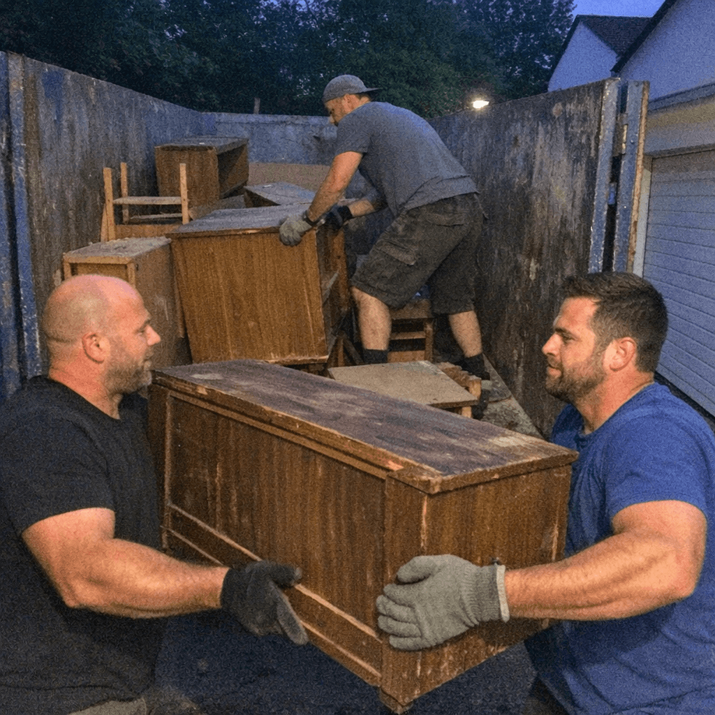 Ein Mitarbeiter schiebt zerlegte Holzplatten auf einer Sackkarre zu einem Container