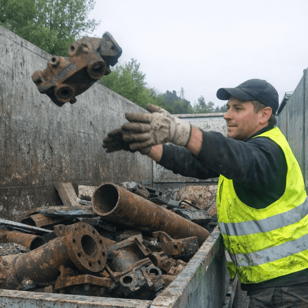 Transportfahrzeug wird mit sauber getrennten Metallteilen und Kabelresten beladen