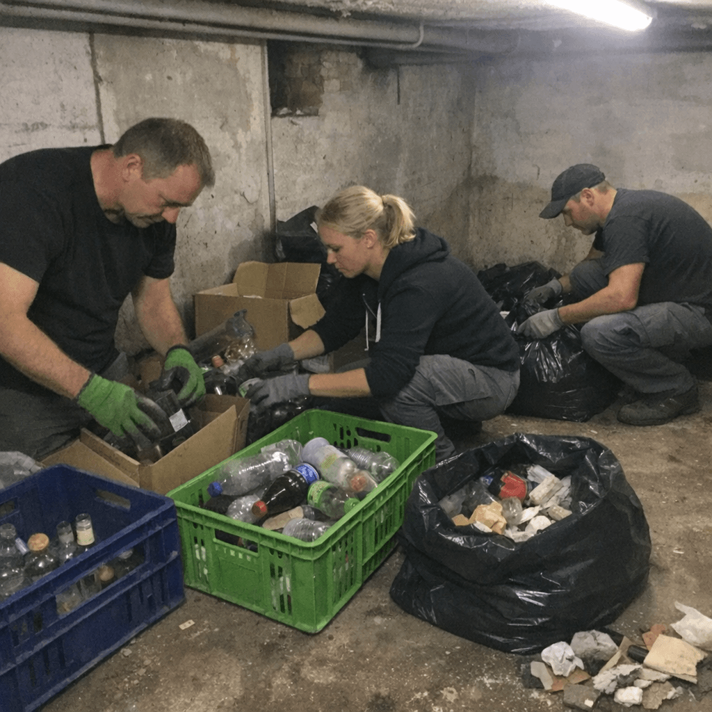 Team sortiert Kisten, Metallteile und alte Farbeimer in einem trockenen Mehrfamilienhauskeller