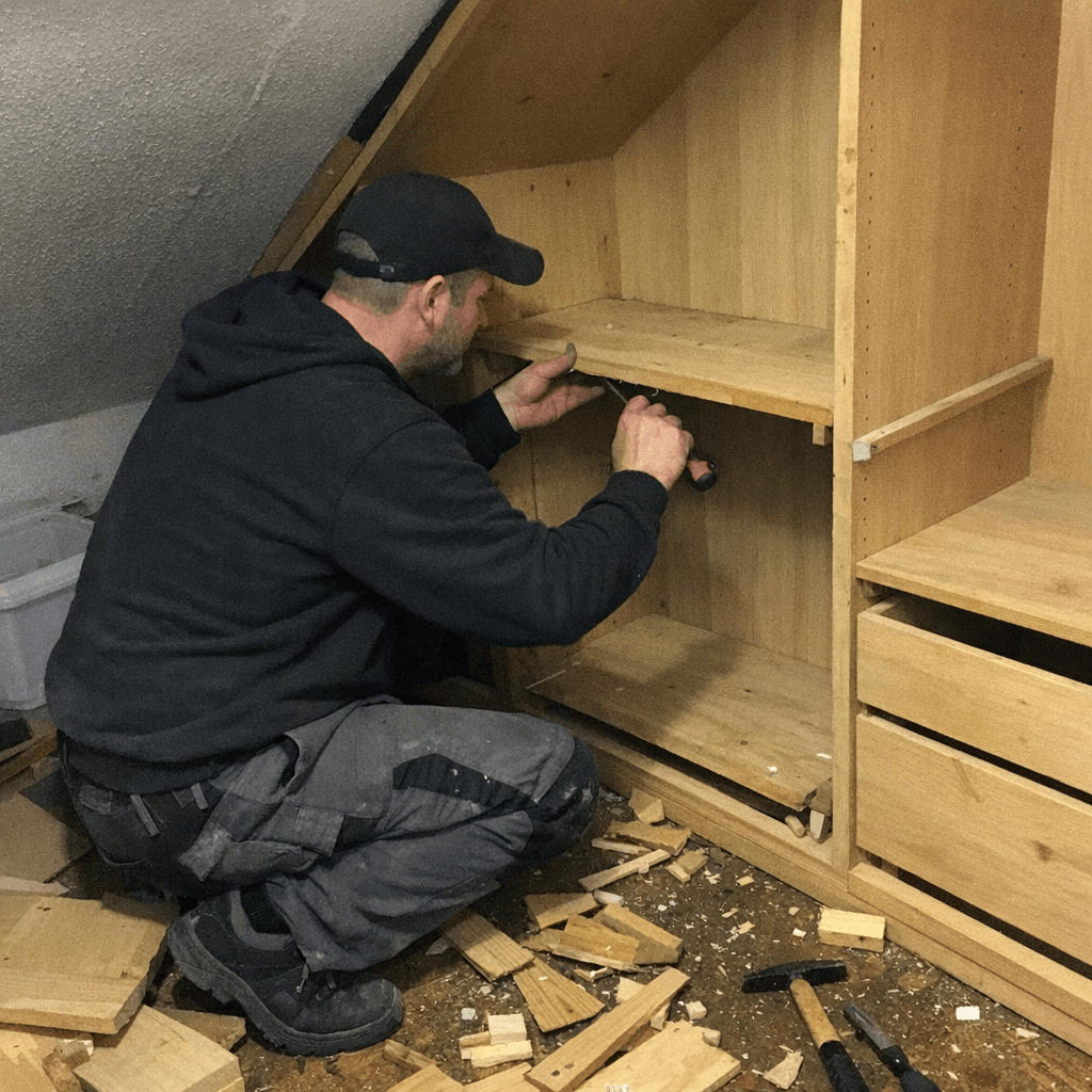Demontage eines hohen Holzschranks unter einer schrägen Decke in einem Altbau