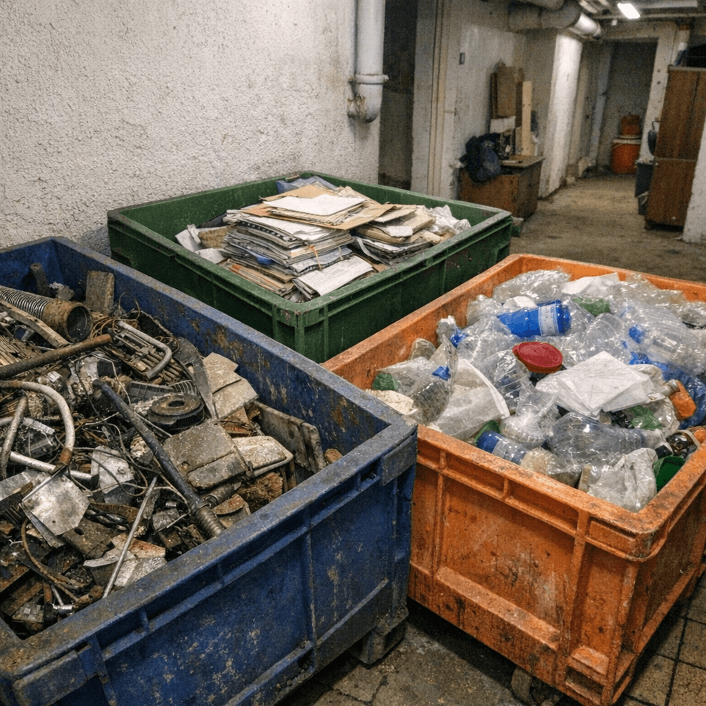 Kartonagen, Metall und Elektroteile liegen in getrennten Sammelbereichen auf dem Hof